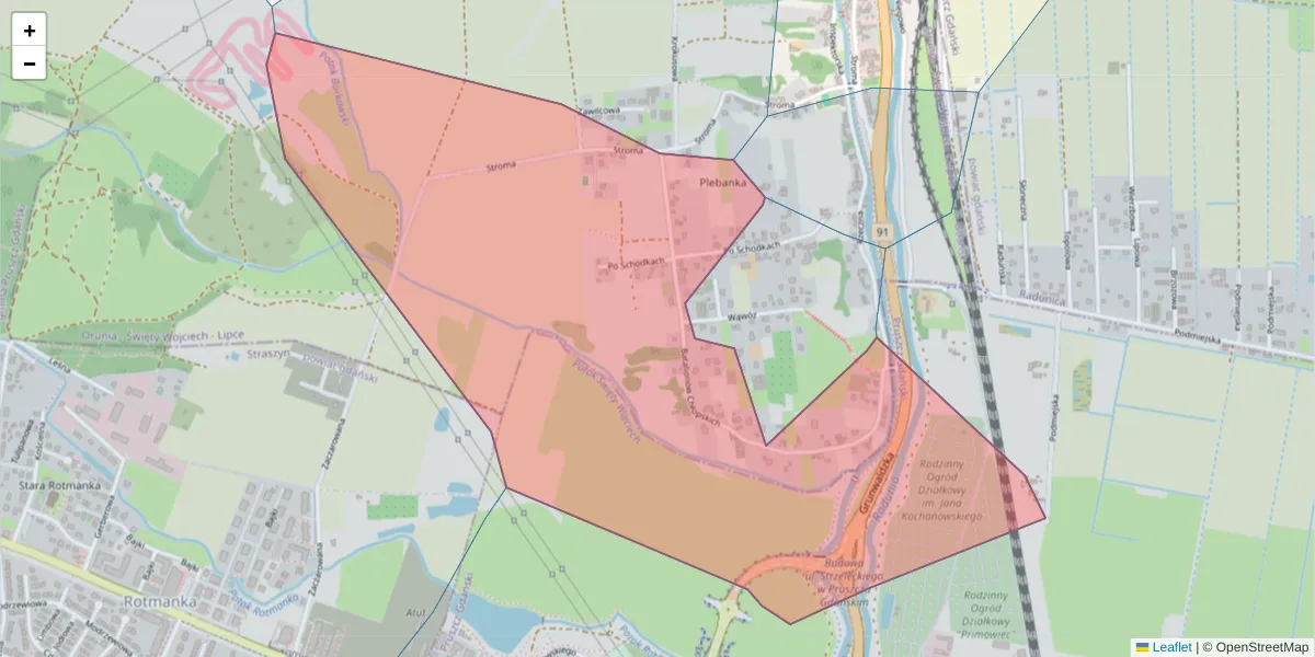Szczegółowa mapa kodu pocztowego 80-008 z granicami, sąsiednimi kodami pocztowymi i urzędami pocztowymi