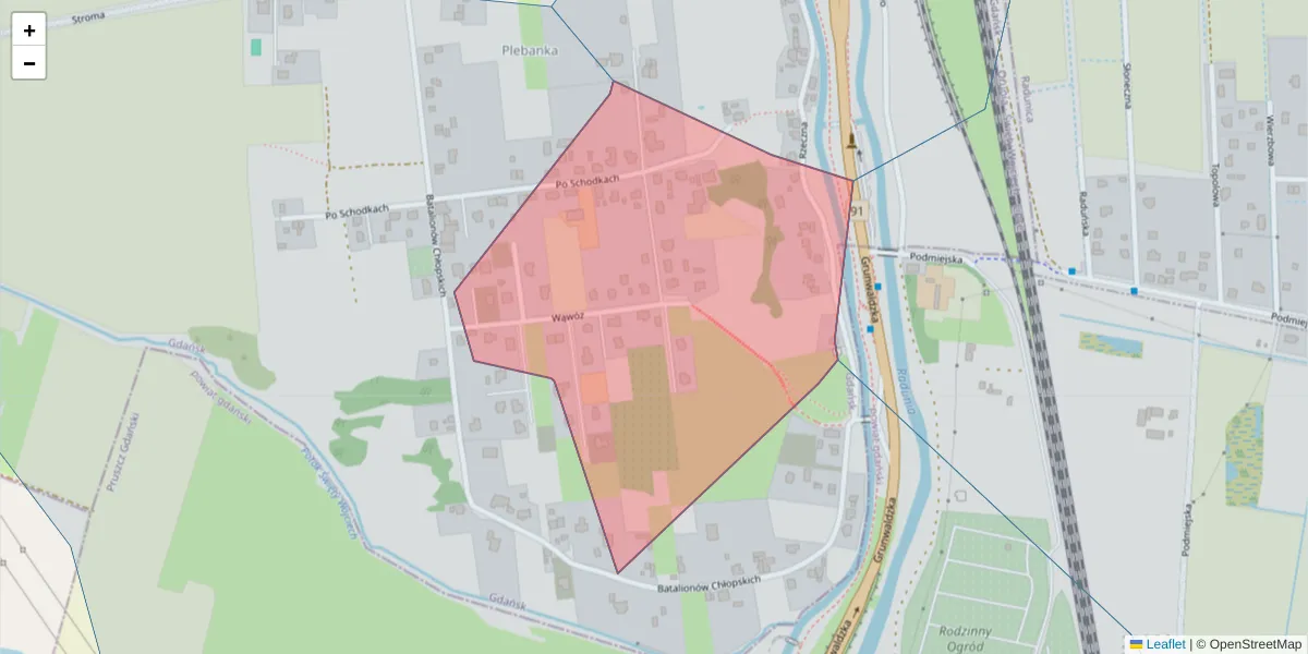 Szczegółowa mapa kodu pocztowego 80-013 z granicami, sąsiednimi kodami pocztowymi i urzędami pocztowymi