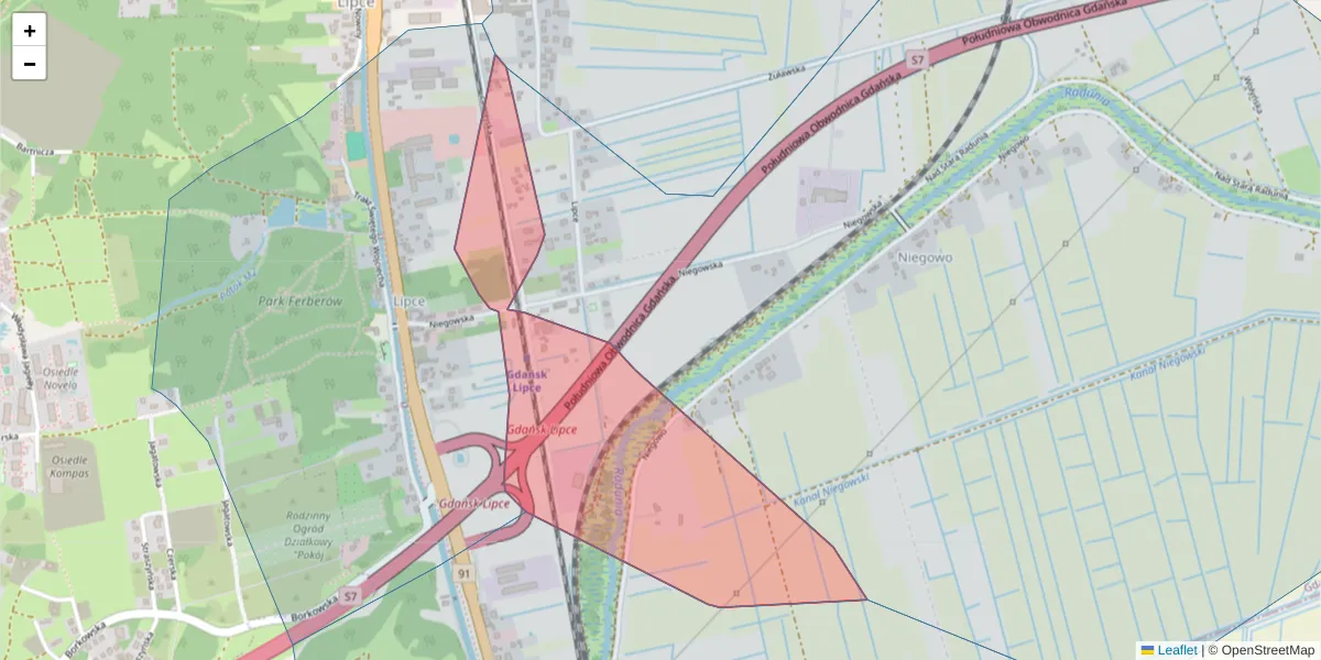 Szczegółowa mapa kodu pocztowego 80-016 z granicami, sąsiednimi kodami pocztowymi i urzędami pocztowymi