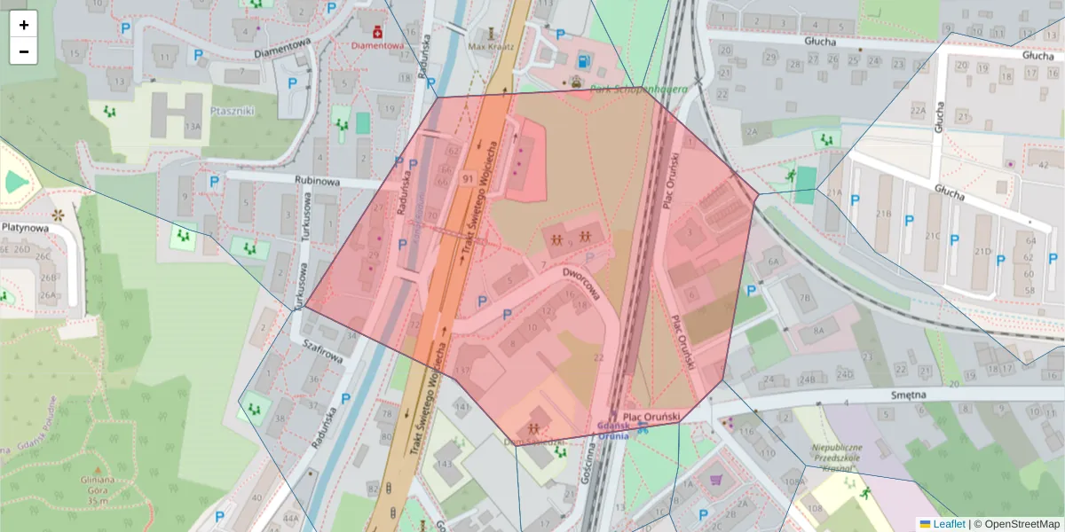 Szczegółowa mapa kodu pocztowego 80-026 z granicami, sąsiednimi kodami pocztowymi i urzędami pocztowymi