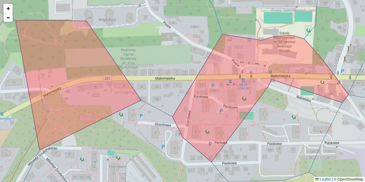 Szczegółowa mapa kodu pocztowego 80-037 z granicami, sąsiednimi kodami pocztowymi i urzędami pocztowymi