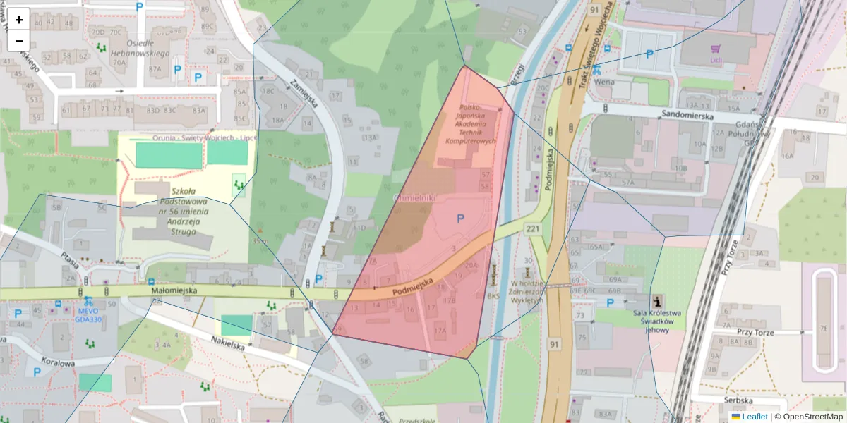 Szczegółowa mapa kodu pocztowego 80-038 z granicami, sąsiednimi kodami pocztowymi i urzędami pocztowymi