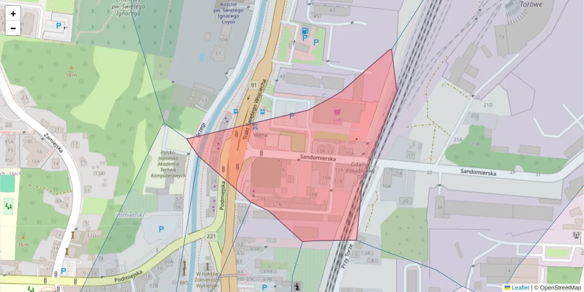 Szczegółowa mapa kodu pocztowego 80-042 z granicami, sąsiednimi kodami pocztowymi i urzędami pocztowymi