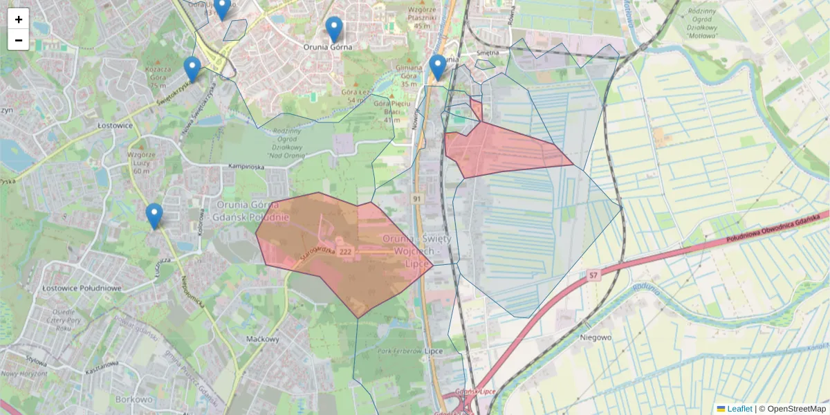 Szczegółowa mapa kodu pocztowego 80-058 z granicami, sąsiednimi kodami pocztowymi i urzędami pocztowymi