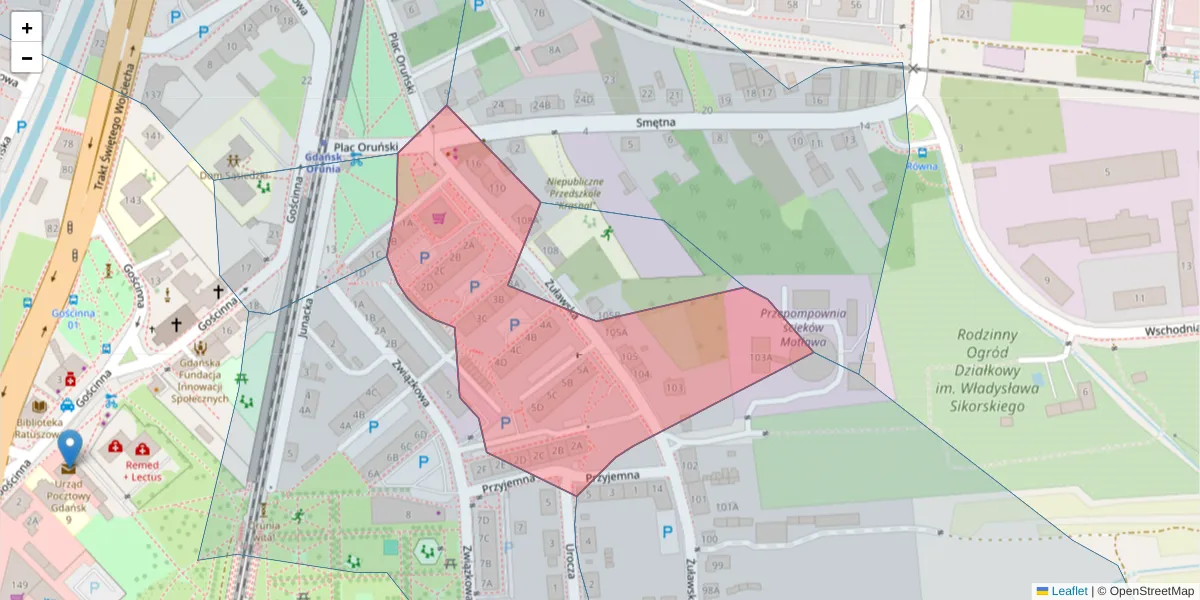 Szczegółowa mapa kodu pocztowego 80-062 z granicami, sąsiednimi kodami pocztowymi i urzędami pocztowymi
