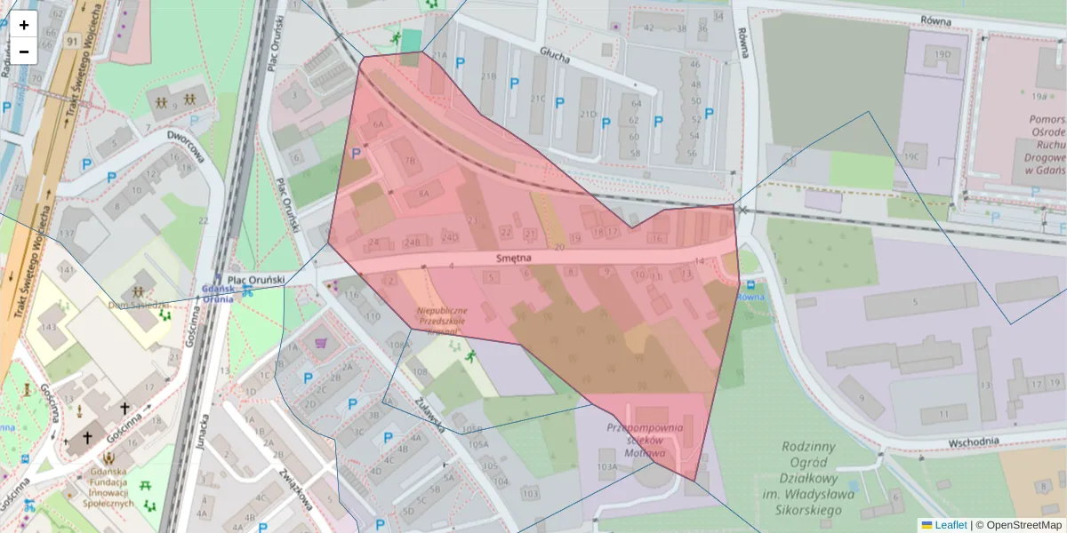 Szczegółowa mapa kodu pocztowego 80-065 z granicami, sąsiednimi kodami pocztowymi i urzędami pocztowymi