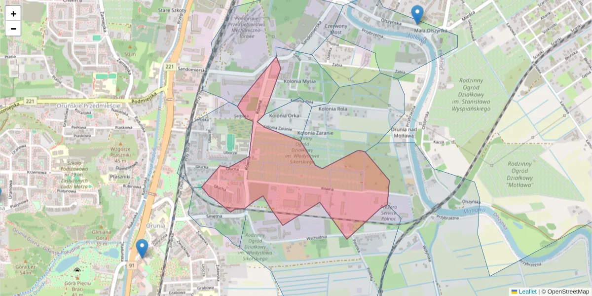 Szczegółowa mapa kodu pocztowego 80-067 z granicami, sąsiednimi kodami pocztowymi i urzędami pocztowymi