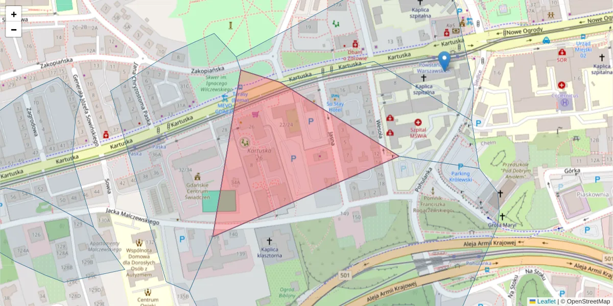 Szczegółowa mapa kodu pocztowego 80-105 z granicami, sąsiednimi kodami pocztowymi i urzędami pocztowymi