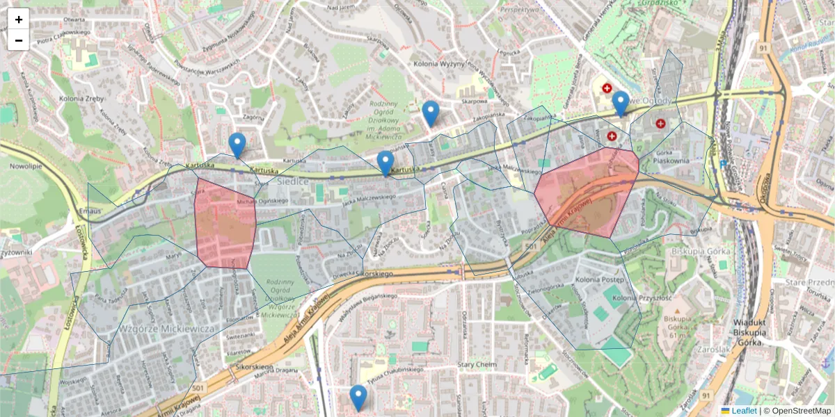 Szczegółowa mapa kodu pocztowego 80-114 z granicami, sąsiednimi kodami pocztowymi i urzędami pocztowymi