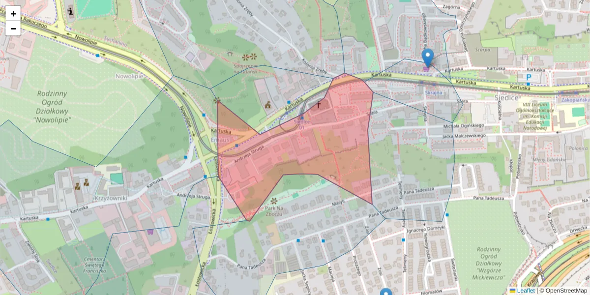 Szczegółowa mapa kodu pocztowego 80-116 z granicami, sąsiednimi kodami pocztowymi i urzędami pocztowymi