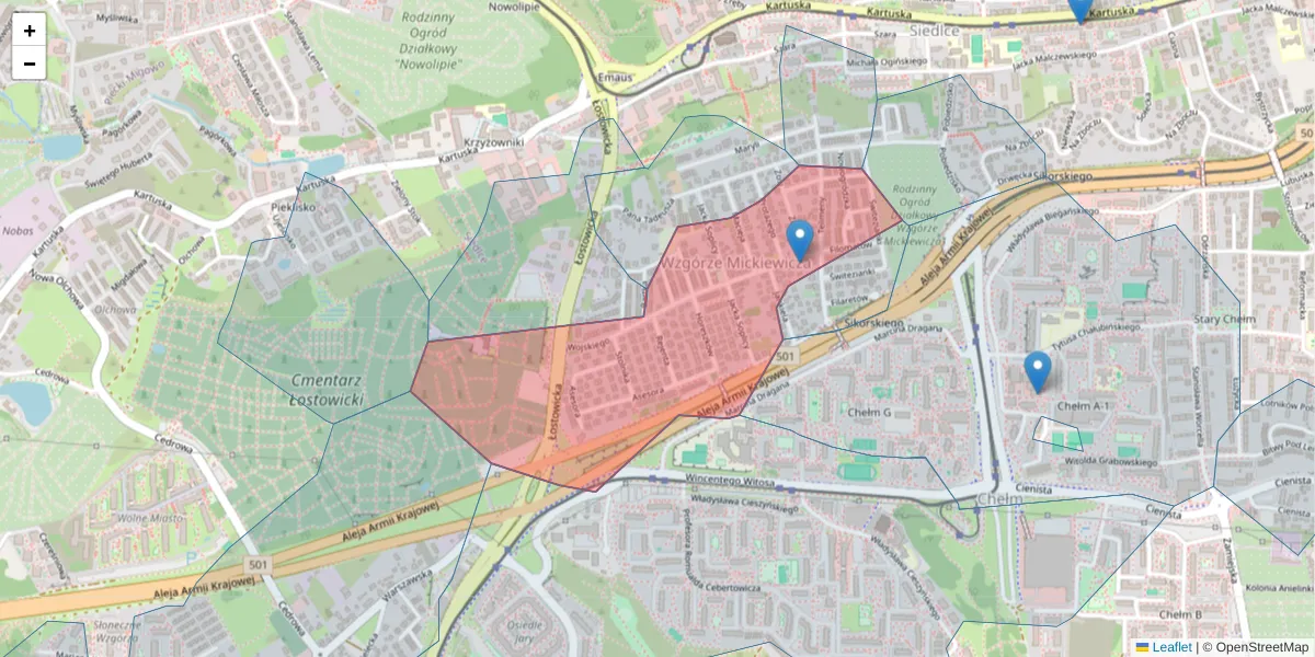 Szczegółowa mapa kodu pocztowego 80-119 z granicami, sąsiednimi kodami pocztowymi i urzędami pocztowymi