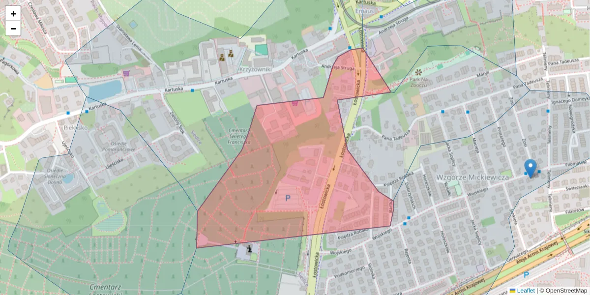 Szczegółowa mapa kodu pocztowego 80-121 z granicami, sąsiednimi kodami pocztowymi i urzędami pocztowymi