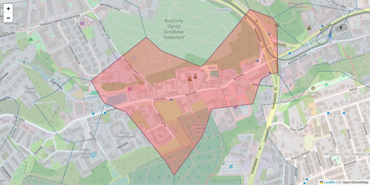 Szczegółowa mapa kodu pocztowego 80-122 z granicami, sąsiednimi kodami pocztowymi i urzędami pocztowymi