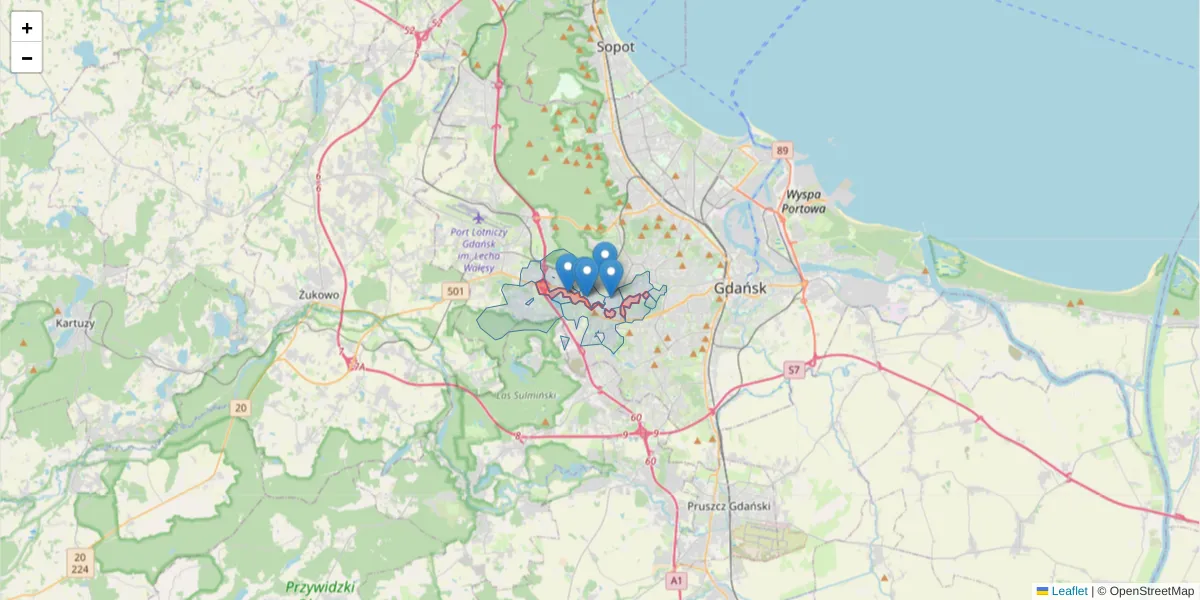 Szczegółowa mapa kodu pocztowego 80-125 z granicami, sąsiednimi kodami pocztowymi i urzędami pocztowymi