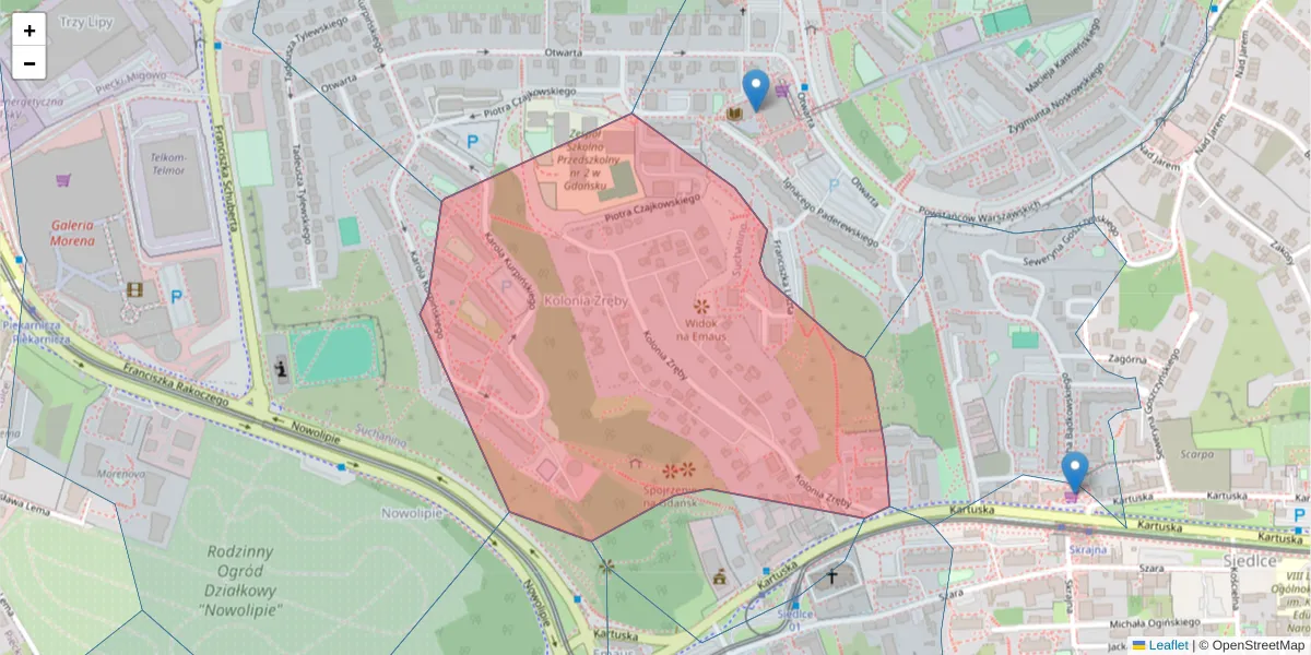 Szczegółowa mapa kodu pocztowego 80-133 z granicami, sąsiednimi kodami pocztowymi i urzędami pocztowymi