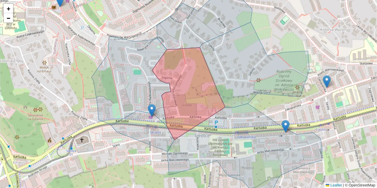 Szczegółowa mapa kodu pocztowego 80-134 z granicami, sąsiednimi kodami pocztowymi i urzędami pocztowymi