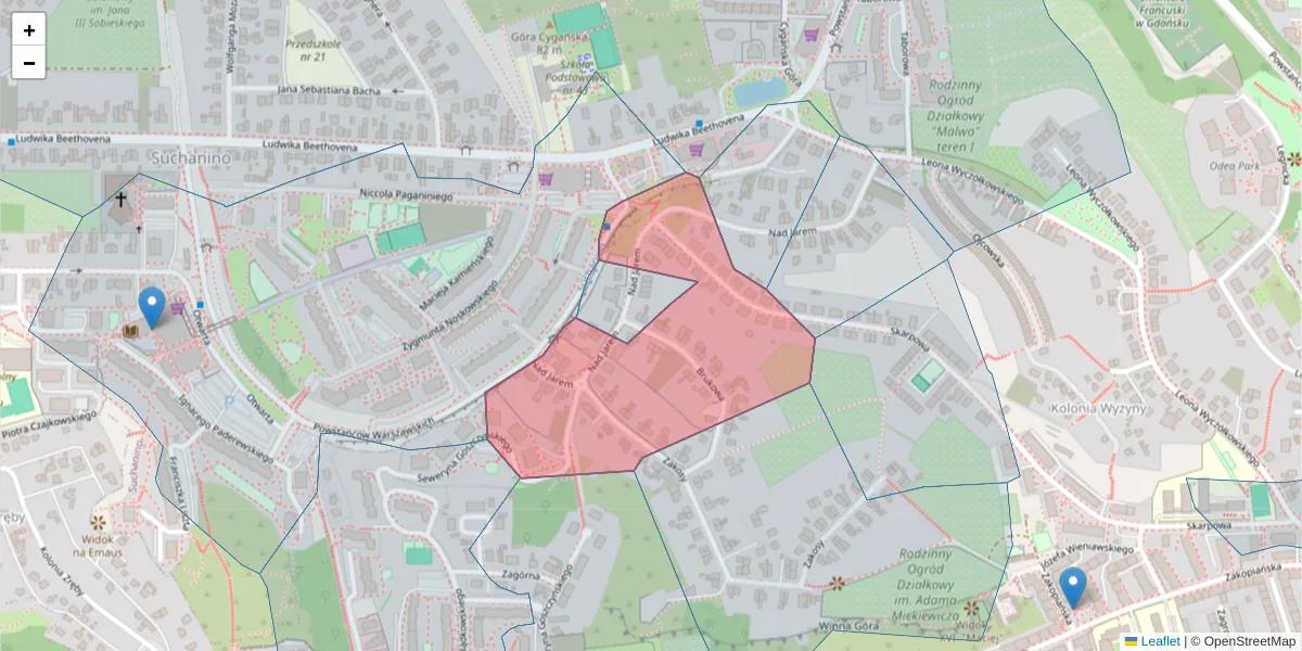 Szczegółowa mapa kodu pocztowego 80-135 z granicami, sąsiednimi kodami pocztowymi i urzędami pocztowymi