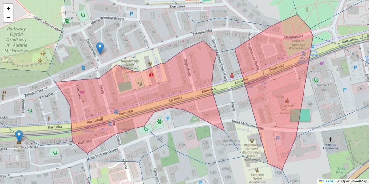 Szczegółowa mapa kodu pocztowego 80-141 z granicami, sąsiednimi kodami pocztowymi i urzędami pocztowymi