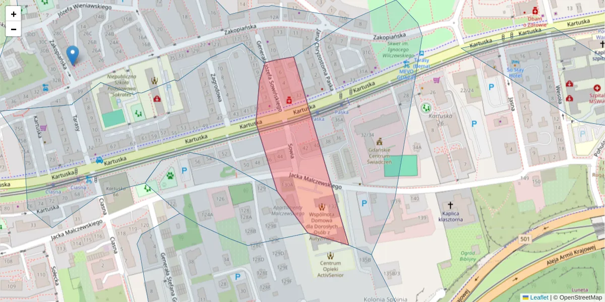 Szczegółowa mapa kodu pocztowego 80-143 z granicami, sąsiednimi kodami pocztowymi i urzędami pocztowymi