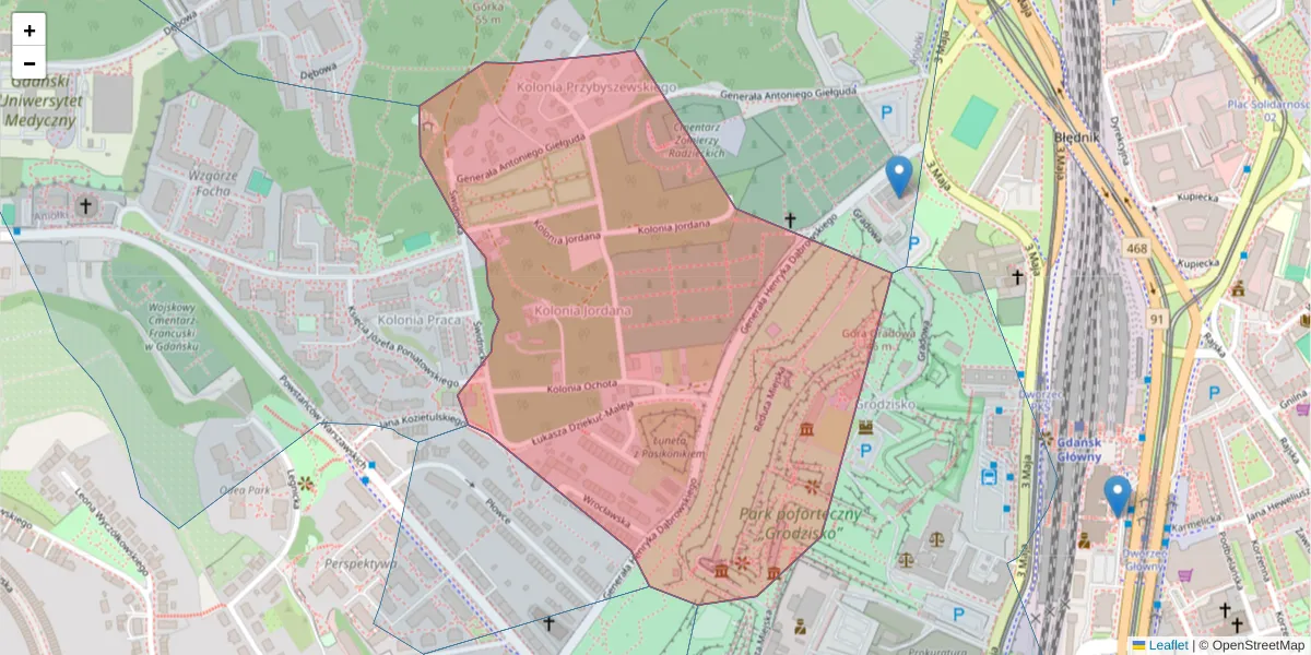 Szczegółowa mapa kodu pocztowego 80-154 z granicami, sąsiednimi kodami pocztowymi i urzędami pocztowymi