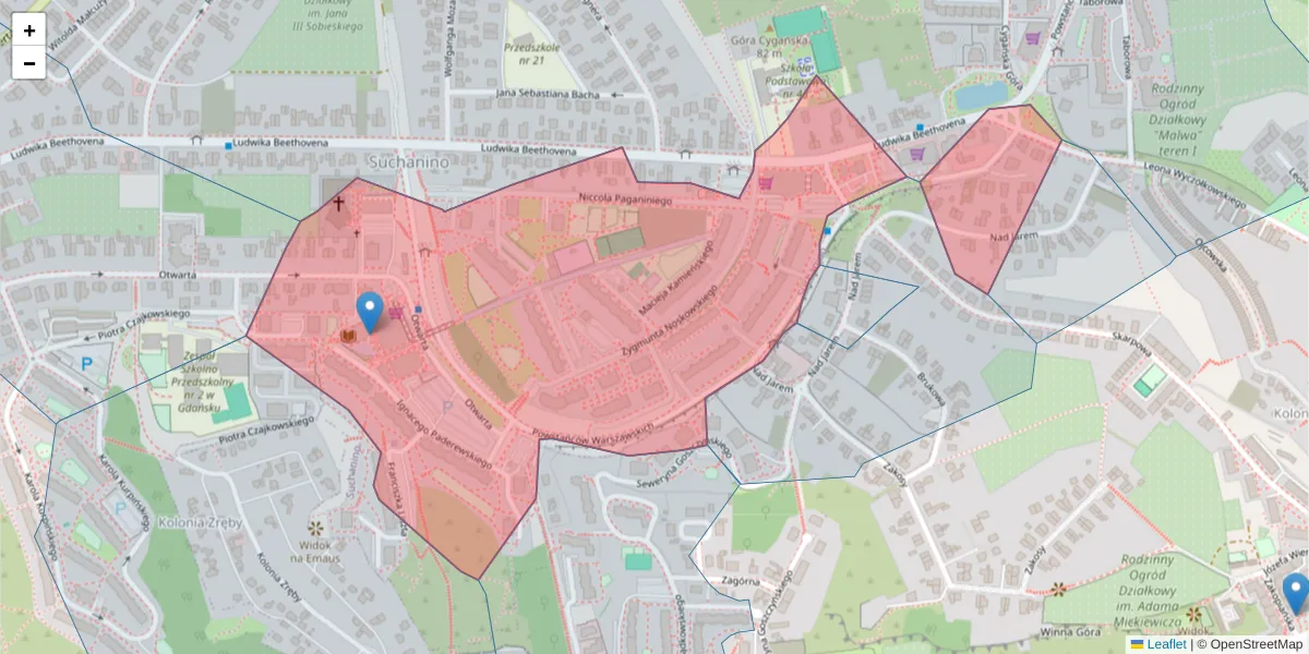Szczegółowa mapa kodu pocztowego 80-170 z granicami, sąsiednimi kodami pocztowymi i urzędami pocztowymi