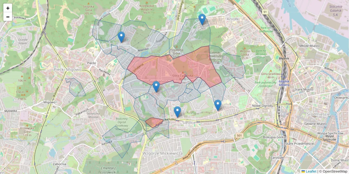 Szczegółowa mapa kodu pocztowego 80-171 z granicami, sąsiednimi kodami pocztowymi i urzędami pocztowymi