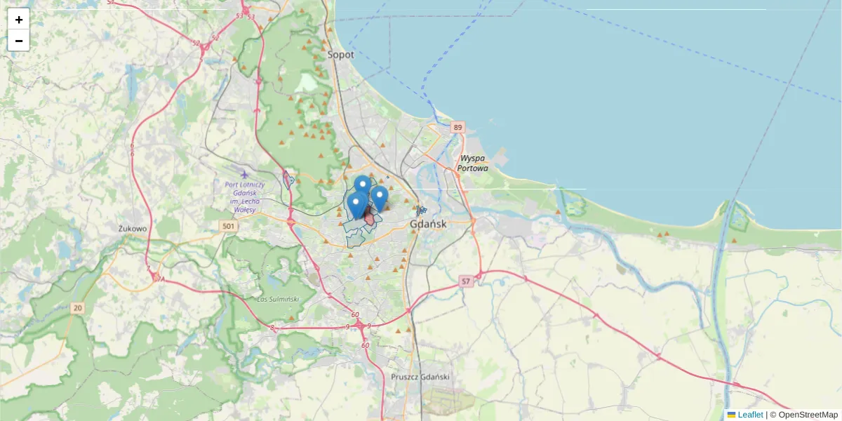 Szczegółowa mapa kodu pocztowego 80-172 z granicami, sąsiednimi kodami pocztowymi i urzędami pocztowymi