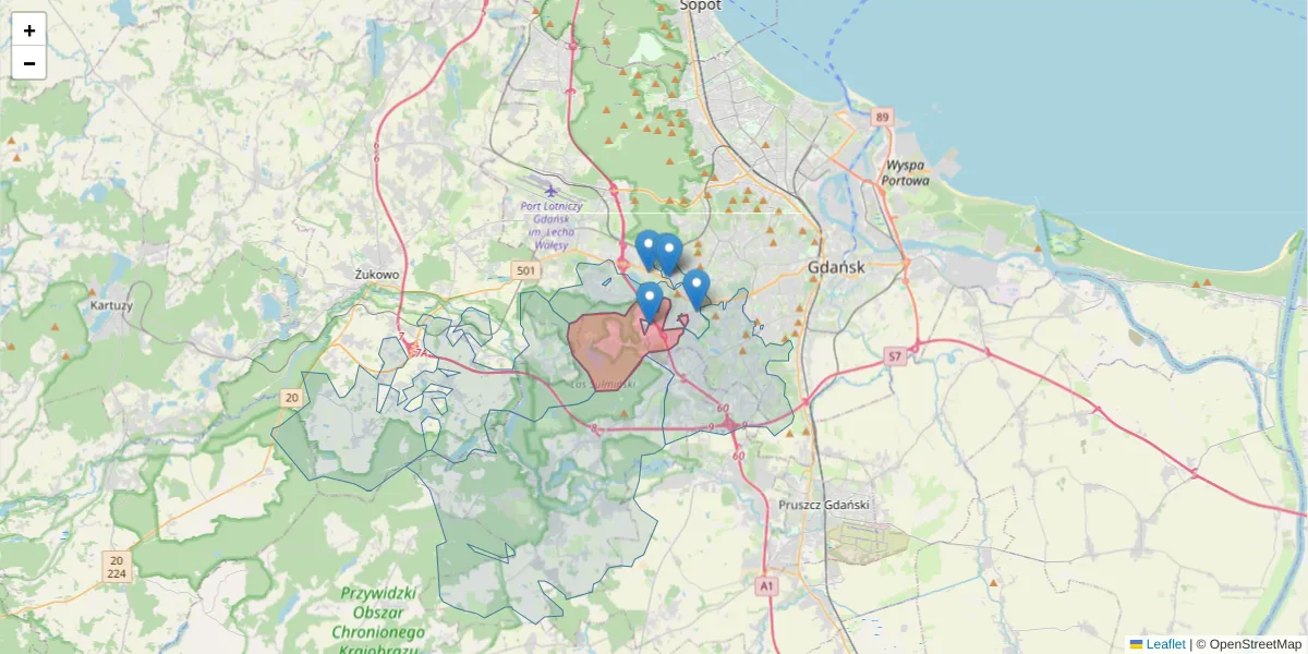 Szczegółowa mapa kodu pocztowego 80-174 z granicami, sąsiednimi kodami pocztowymi i urzędami pocztowymi