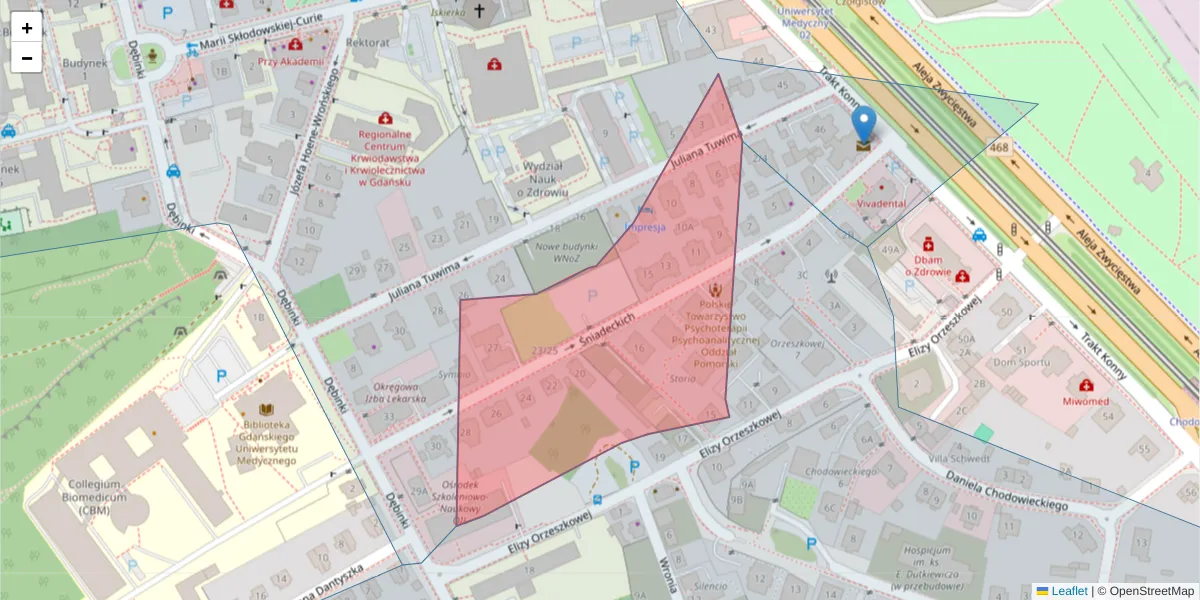 Szczegółowa mapa kodu pocztowego 80-204 z granicami, sąsiednimi kodami pocztowymi i urzędami pocztowymi