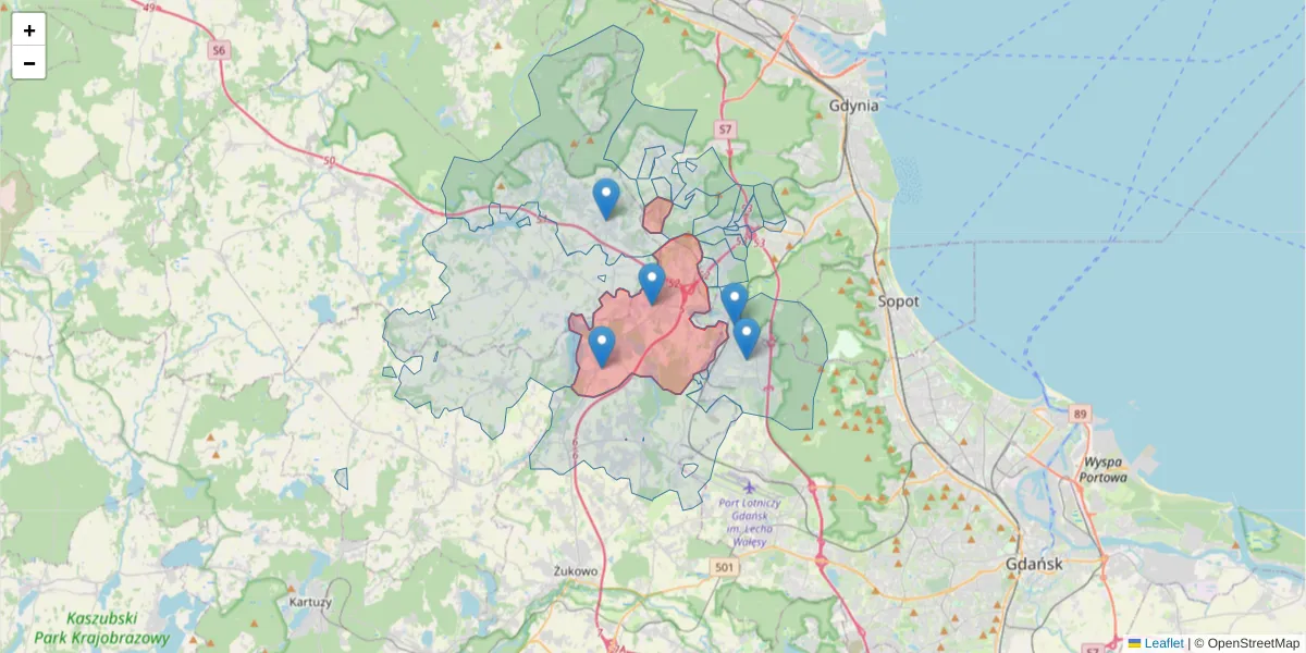 Szczegółowa mapa kodu pocztowego 80-209 z granicami, sąsiednimi kodami pocztowymi i urzędami pocztowymi
