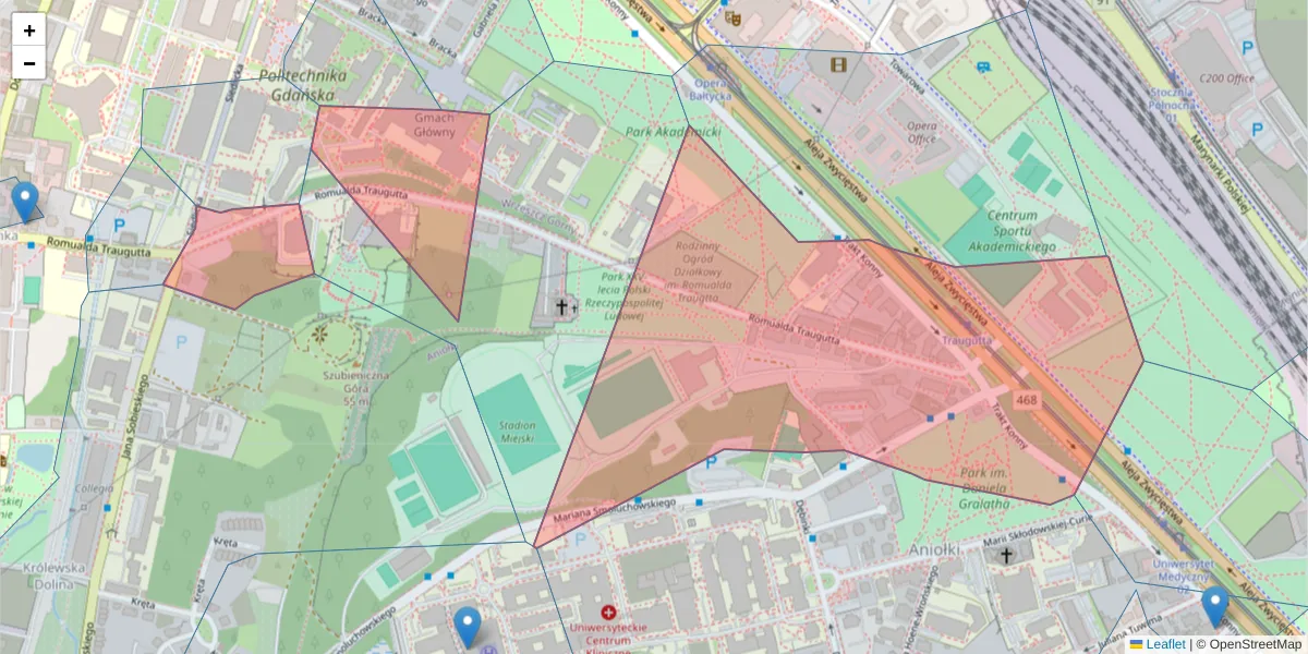 Szczegółowa mapa kodu pocztowego 80-221 z granicami, sąsiednimi kodami pocztowymi i urzędami pocztowymi