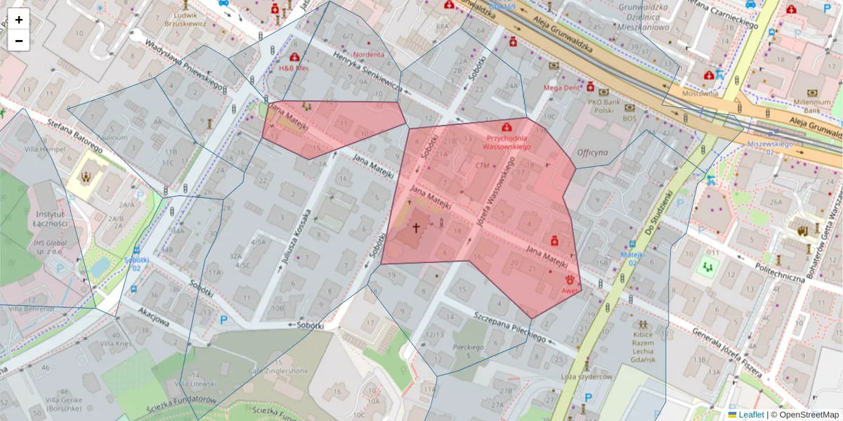 Szczegółowa mapa kodu pocztowego 80-232 z granicami, sąsiednimi kodami pocztowymi i urzędami pocztowymi