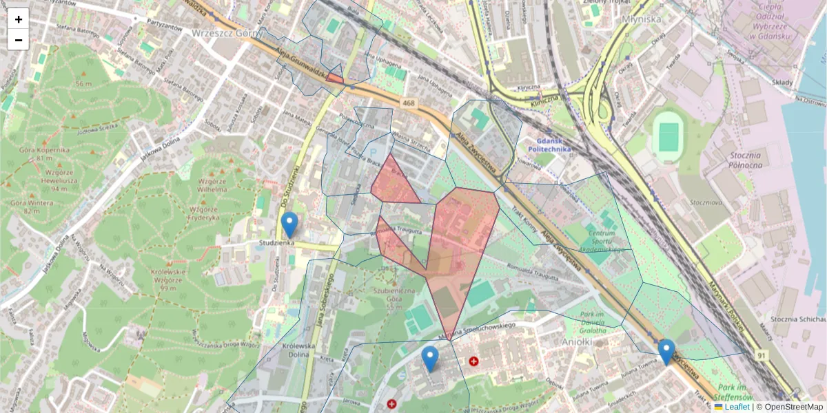 Szczegółowa mapa kodu pocztowego 80-233 z granicami, sąsiednimi kodami pocztowymi i urzędami pocztowymi