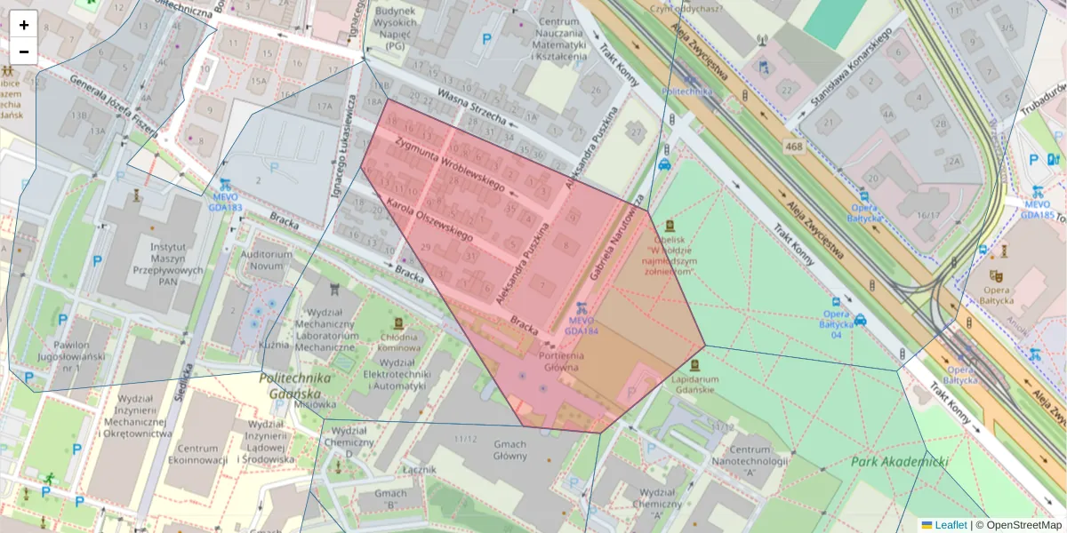 Szczegółowa mapa kodu pocztowego 80-234 z granicami, sąsiednimi kodami pocztowymi i urzędami pocztowymi