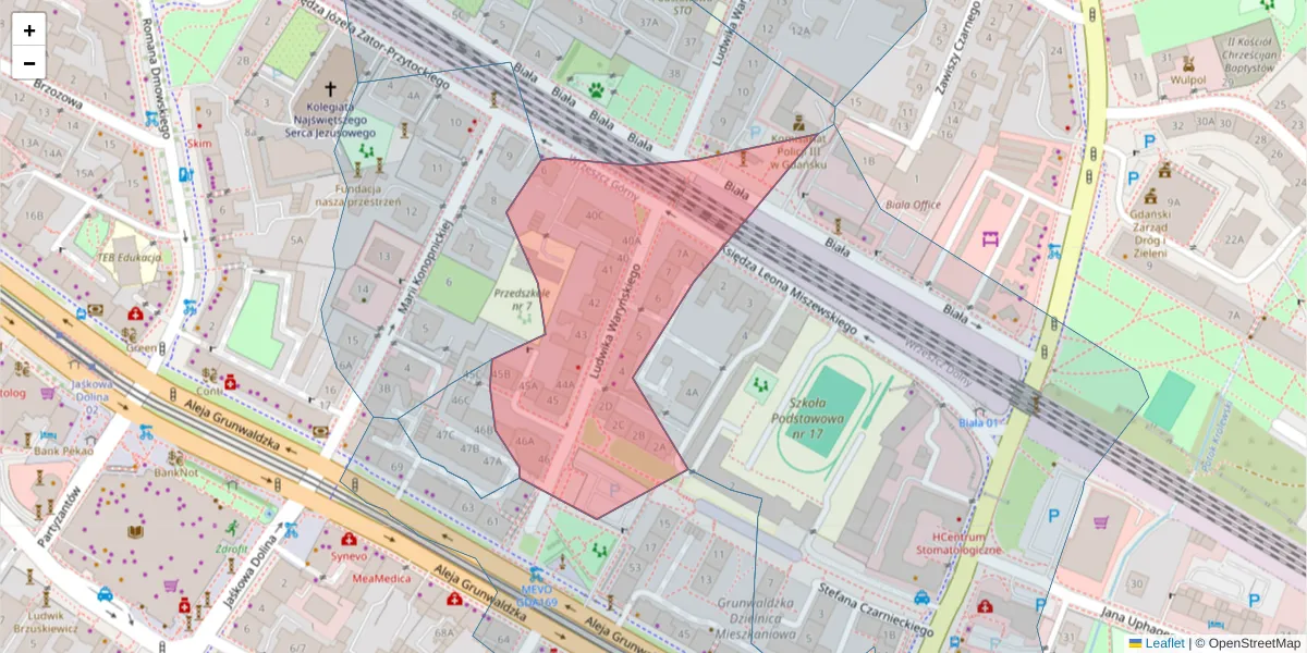 Szczegółowa mapa kodu pocztowego 80-242 z granicami, sąsiednimi kodami pocztowymi i urzędami pocztowymi