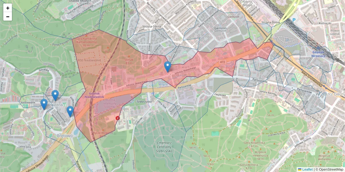 Szczegółowa mapa kodu pocztowego 80-257 z granicami, sąsiednimi kodami pocztowymi i urzędami pocztowymi