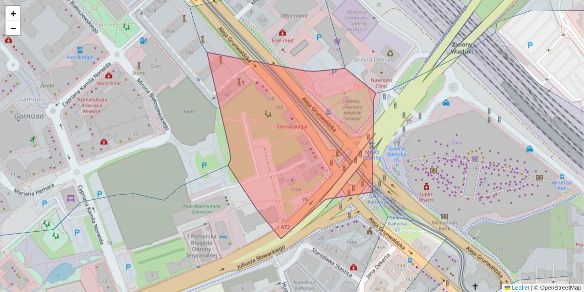 Szczegółowa mapa kodu pocztowego 80-258 z granicami, sąsiednimi kodami pocztowymi i urzędami pocztowymi