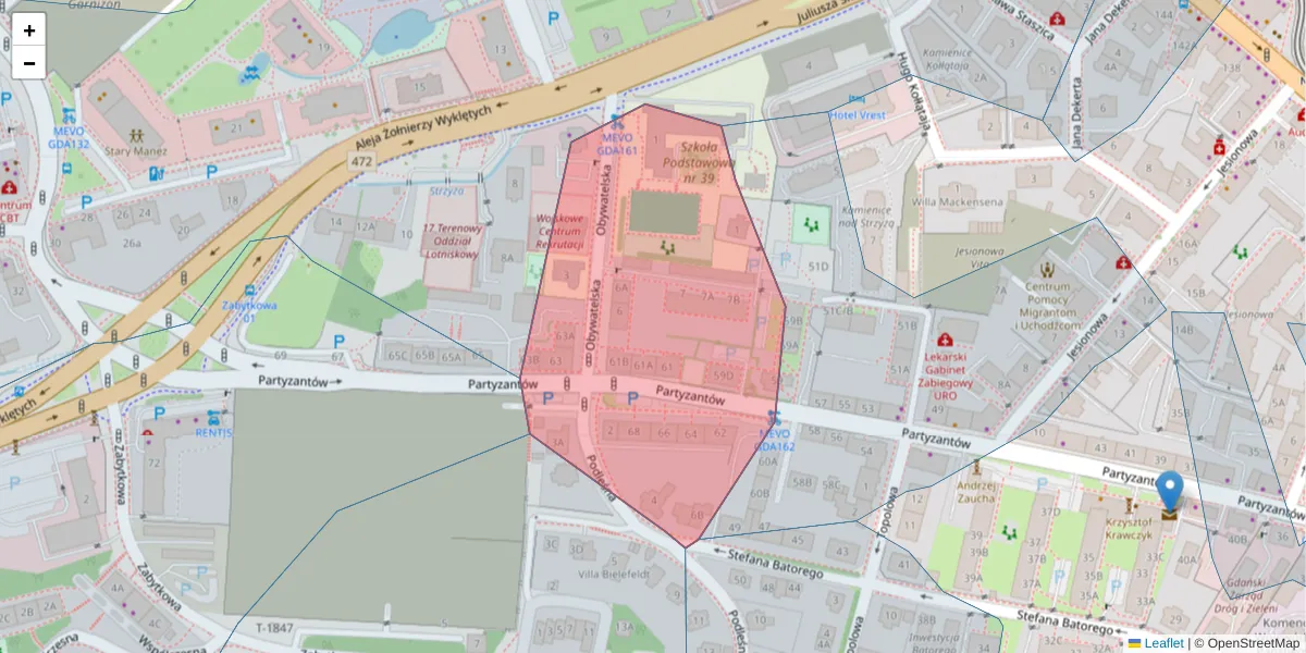 Szczegółowa mapa kodu pocztowego 80-259 z granicami, sąsiednimi kodami pocztowymi i urzędami pocztowymi