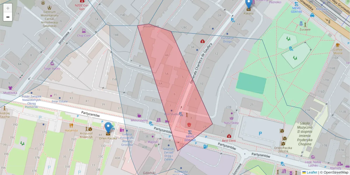 Szczegółowa mapa kodu pocztowego 80-261 z granicami, sąsiednimi kodami pocztowymi i urzędami pocztowymi