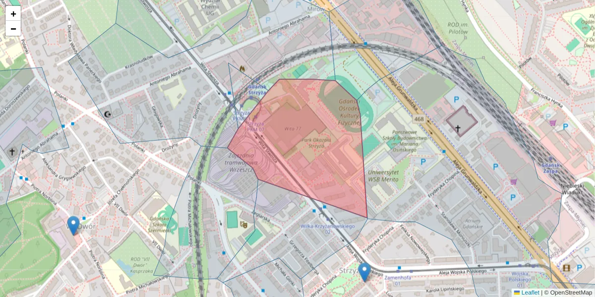 Szczegółowa mapa kodu pocztowego 80-268 z granicami, sąsiednimi kodami pocztowymi i urzędami pocztowymi
