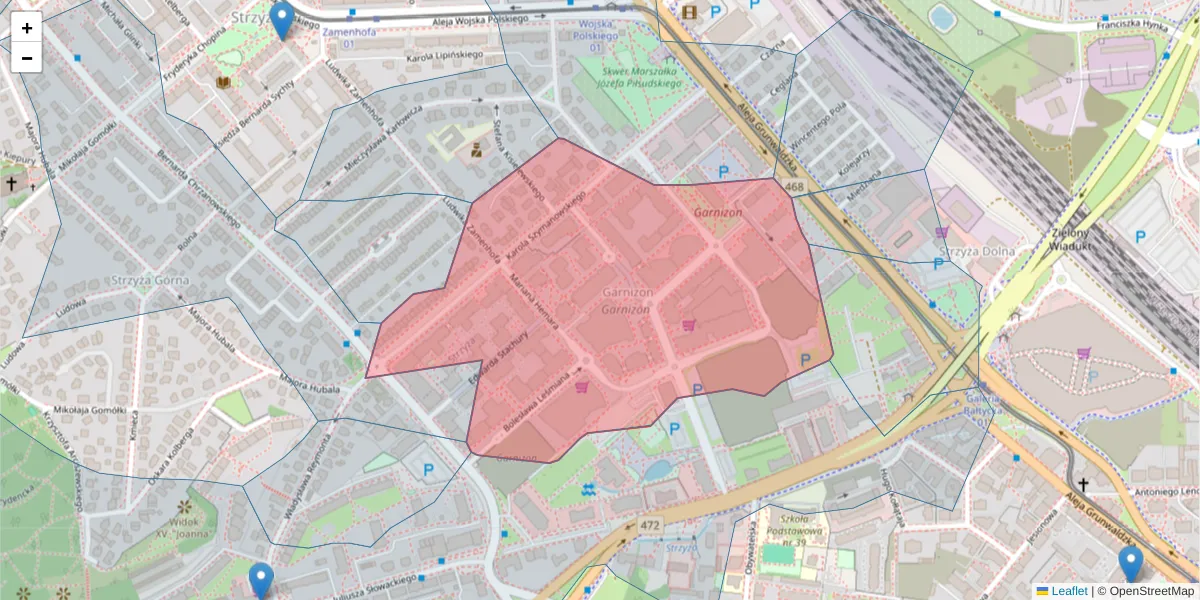 Szczegółowa mapa kodu pocztowego 80-280 z granicami, sąsiednimi kodami pocztowymi i urzędami pocztowymi
