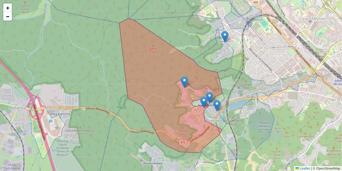 Szczegółowa mapa kodu pocztowego 80-281 z granicami, sąsiednimi kodami pocztowymi i urzędami pocztowymi