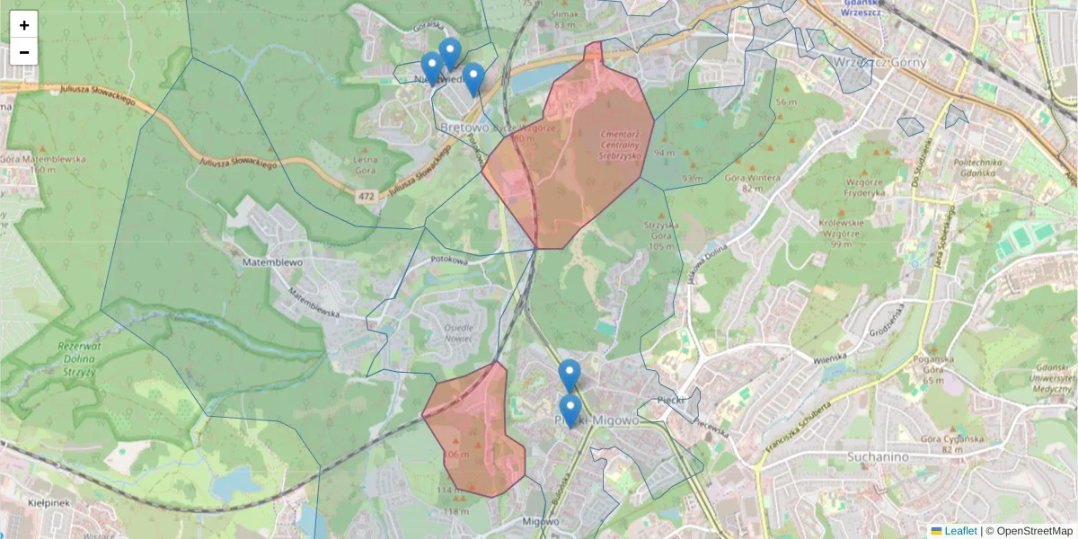 Szczegółowa mapa kodu pocztowego 80-282 z granicami, sąsiednimi kodami pocztowymi i urzędami pocztowymi