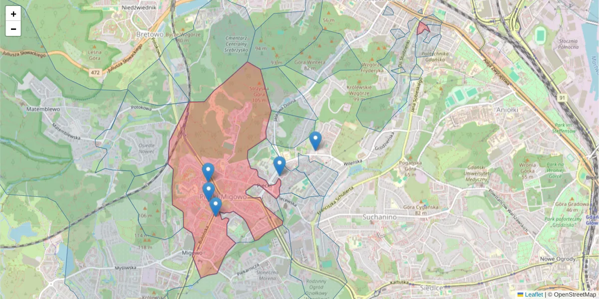 Szczegółowa mapa kodu pocztowego 80-288 z granicami, sąsiednimi kodami pocztowymi i urzędami pocztowymi