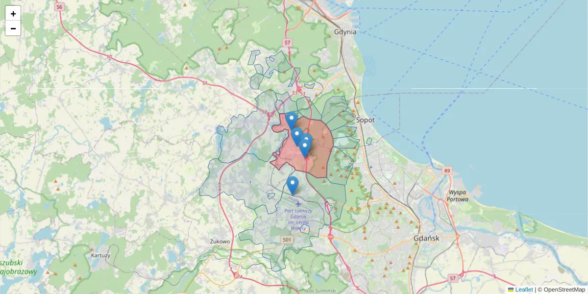 Szczegółowa mapa kodu pocztowego 80-299 z granicami, sąsiednimi kodami pocztowymi i urzędami pocztowymi