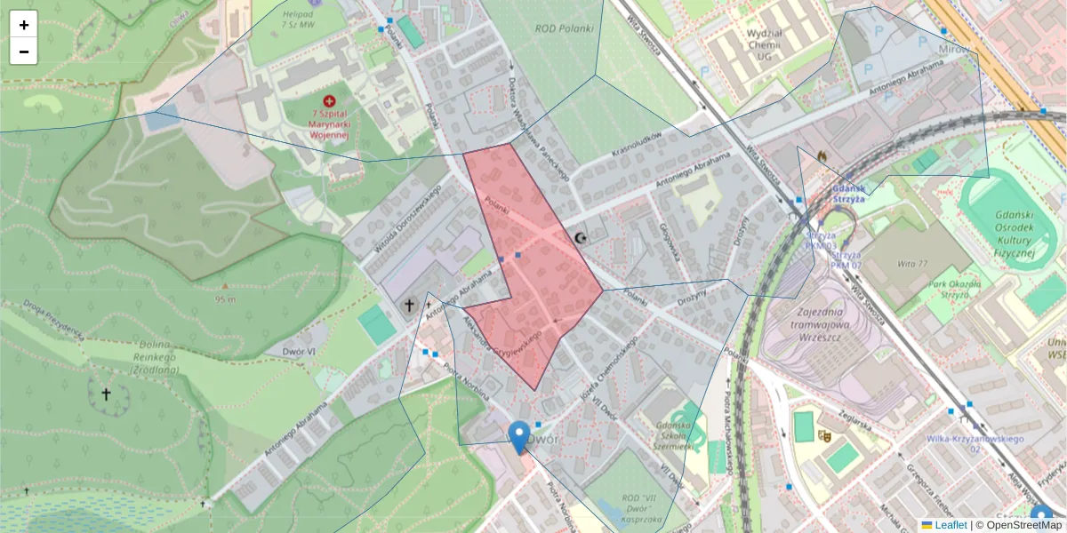 Szczegółowa mapa kodu pocztowego 80-301 z granicami, sąsiednimi kodami pocztowymi i urzędami pocztowymi