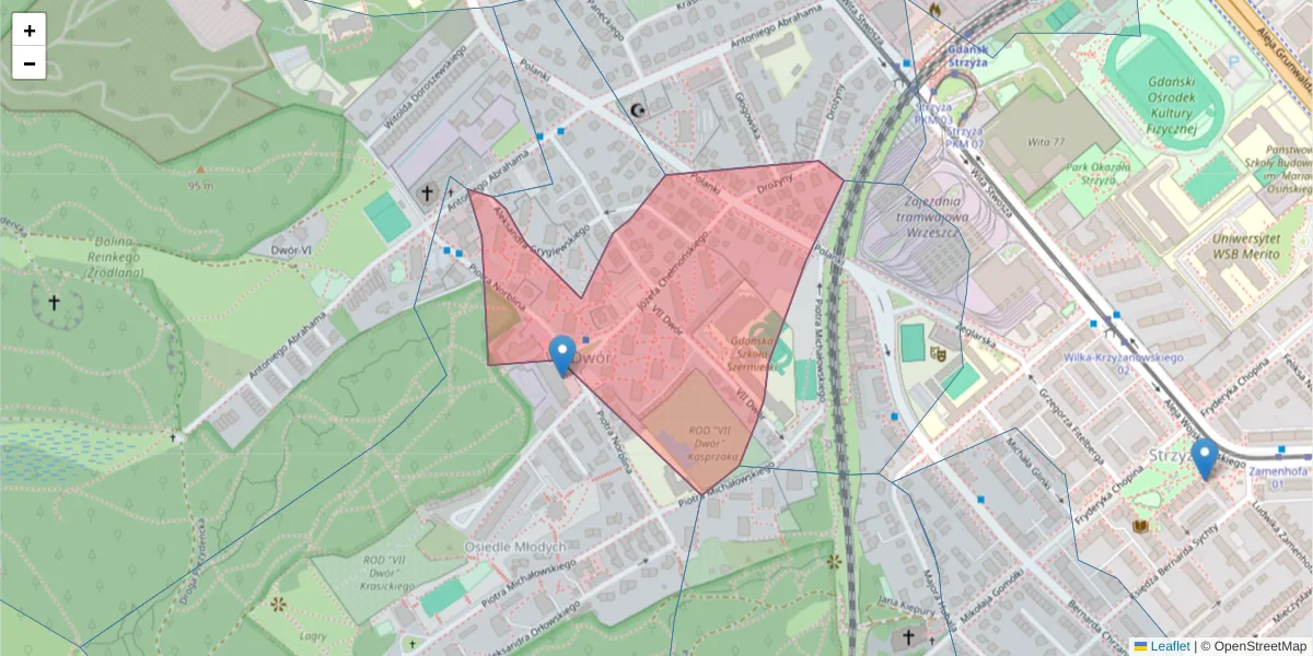 Szczegółowa mapa kodu pocztowego 80-303 z granicami, sąsiednimi kodami pocztowymi i urzędami pocztowymi