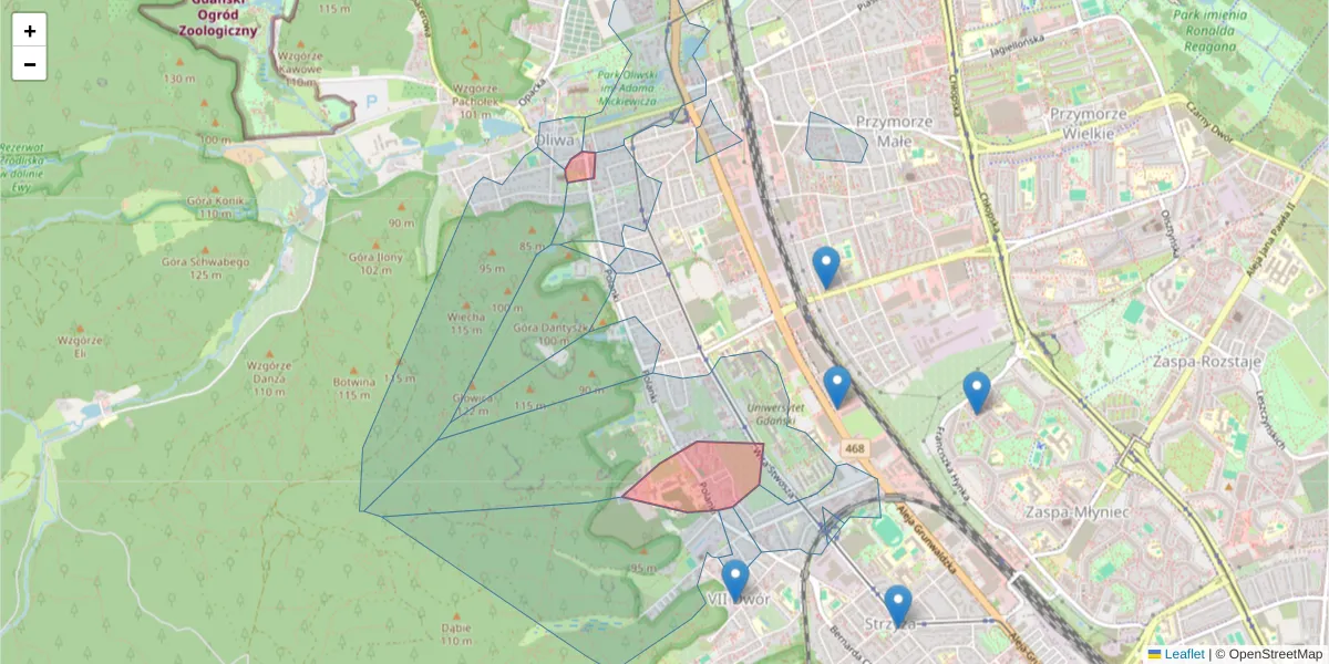Szczegółowa mapa kodu pocztowego 80-306 z granicami, sąsiednimi kodami pocztowymi i urzędami pocztowymi