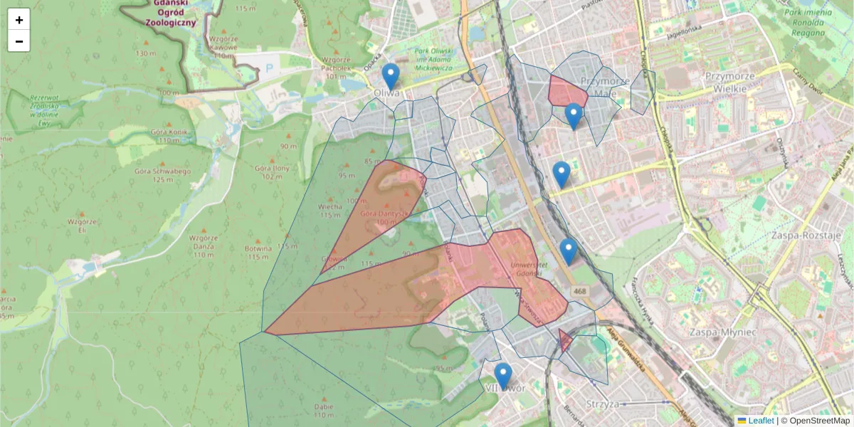 Szczegółowa mapa kodu pocztowego 80-308 z granicami, sąsiednimi kodami pocztowymi i urzędami pocztowymi