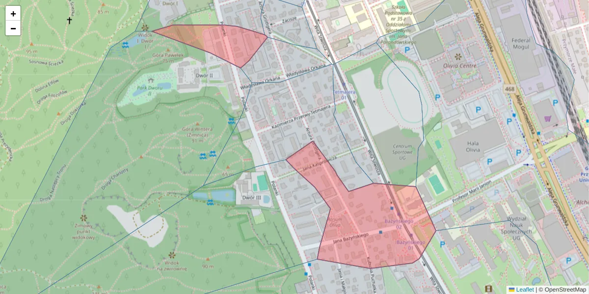 Szczegółowa mapa kodu pocztowego 80-311 z granicami, sąsiednimi kodami pocztowymi i urzędami pocztowymi